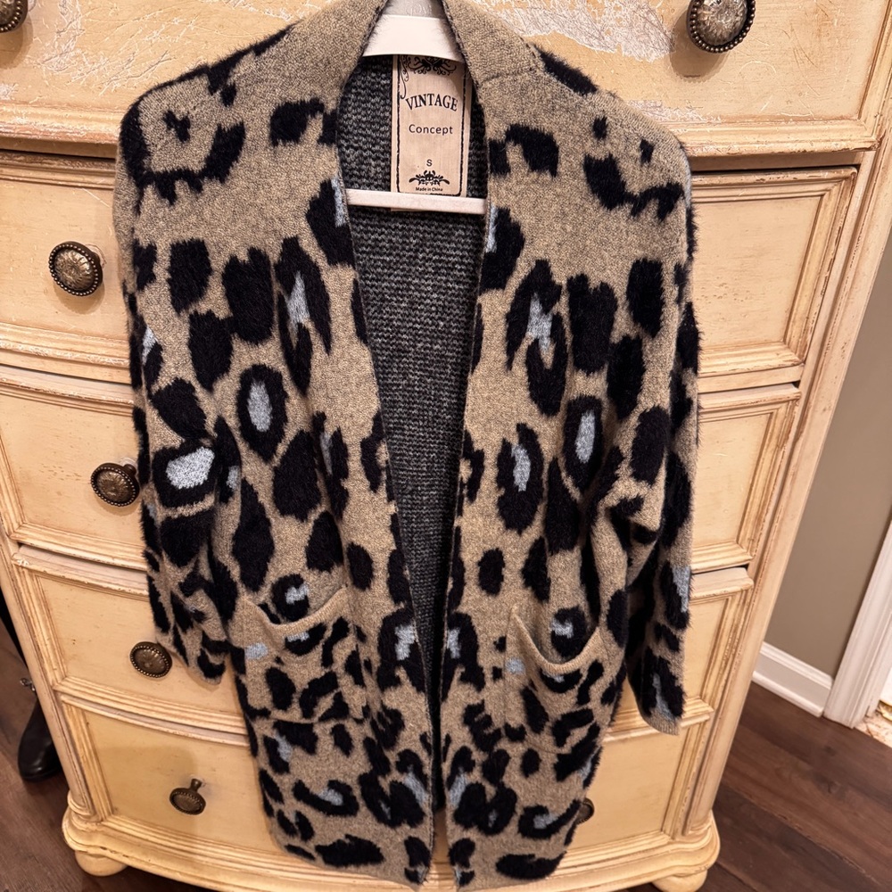 Black and Gray and baby blue  Leopard Print Cardigan Sweater